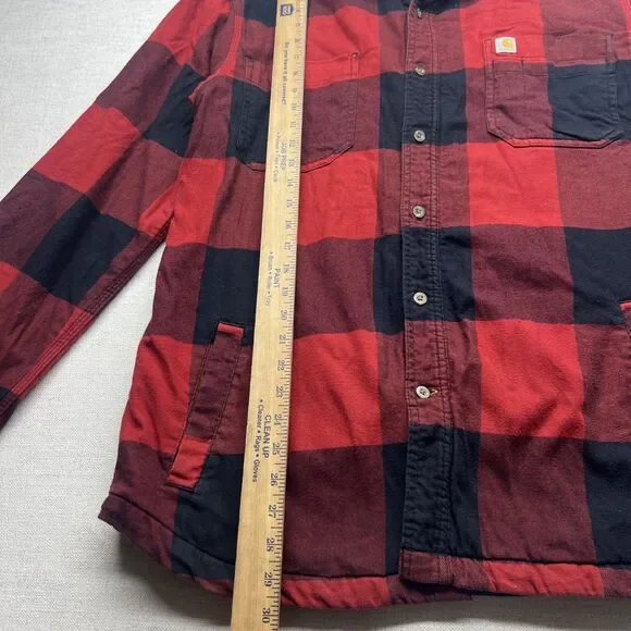 Carhartt Flannel Fleece-Lined Jacket Red Checkered Plaid Padded L Large Outdoors - Picture 3 of 12
